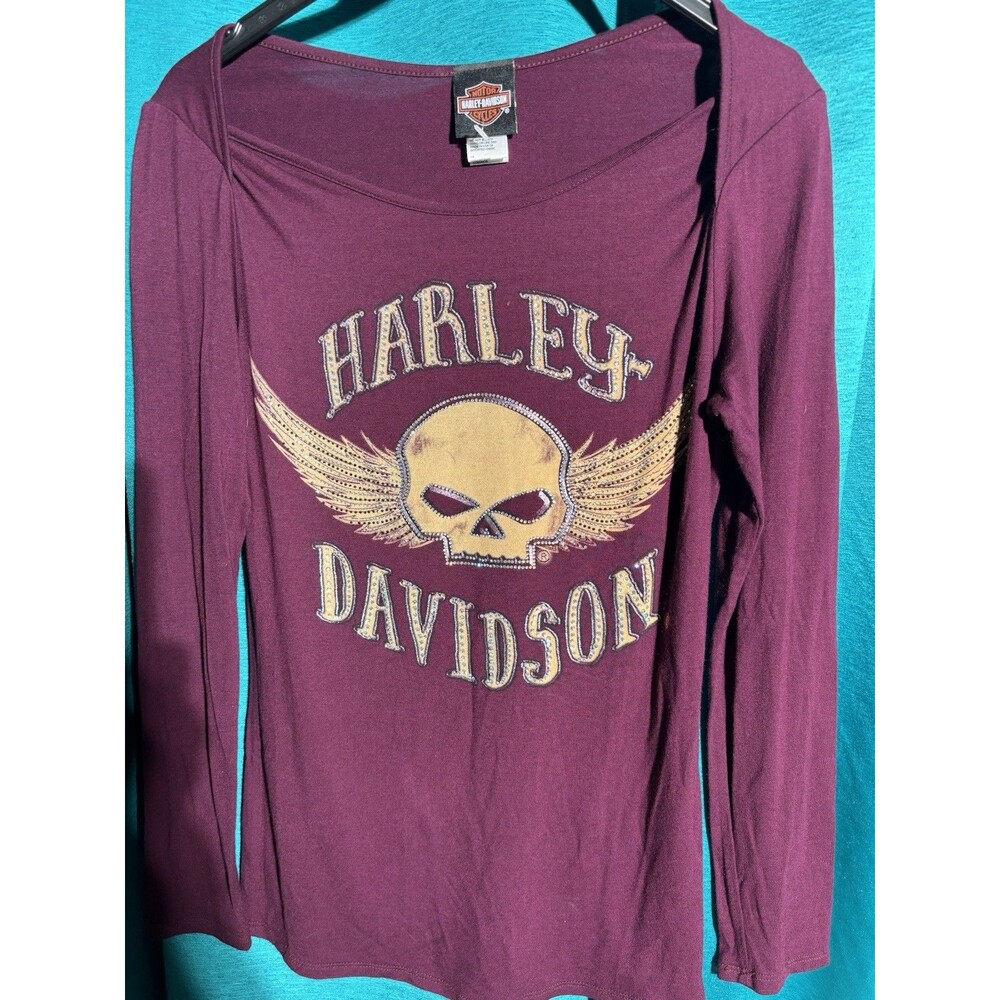 HARLEY DAVIDSON BURGUNDY SKULL WINGS RHINESTONE BLING LONG SLEEVE T-SHIRT - S 